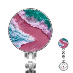 Ocean Waves In Pink Stainless Steel Nurses Watch by GardenOfOphir