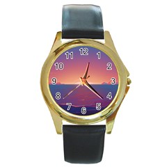 Sunset Ocean Beach Water Tropical Island Vacation Nature Round Gold Metal Watch by Pakemis