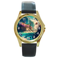 Tropical Island Fantasy Landscape Palm Trees Ocean Round Gold Metal Watch by Pakemis