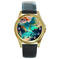 Tropical Paradise Beach Ocean Shore Sea Fantasy Round Gold Metal Watch by Pakemis