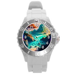 Tropical Paradise Beach Ocean Shore Sea Fantasy Round Plastic Sport Watch (l) by Pakemis