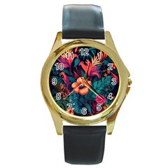 Tropical Flowers Floral Floral Pattern Pattern Round Gold Metal Watch by Pakemis