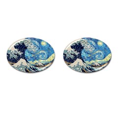Starry Night Hokusai Vincent Van Gogh The Great Wave Off Kanagawa Cufflinks (oval) by Semog4