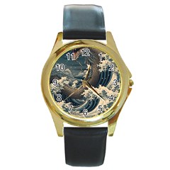 Sea Dragon Kanagawa Sea Monster Round Gold Metal Watch by Jancukart