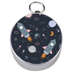 Space Background Illustration With Stars And Rocket Seamless Vector Pattern Silver Compasses by Salman4z