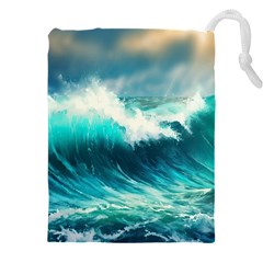 Waves Ocean Sea Tsunami Nautical Blue Drawstring Pouch (5xl) by Jancukart