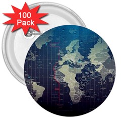Vintage World Map Illustration Artwork Water Drop Digital Art Arts 3  Buttons (100 Pack)  by Sudheng
