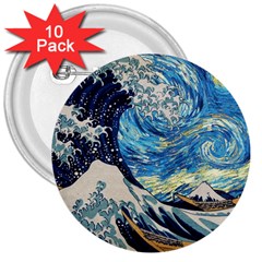 Starry Night Hokusai Van Gogh The Great Wave Off Kanagawa 3  Buttons (10 Pack)  by Sudheng
