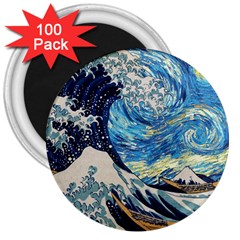 Starry Night Hokusai Van Gogh The Great Wave Off Kanagawa 3  Magnets (100 Pack) by Sudheng