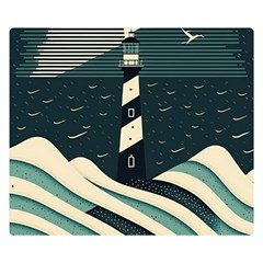 Lighthouse Abstract Ocean Sea Waves Water Blue Premium Plush Fleece Blanket (small) by Wegoenart