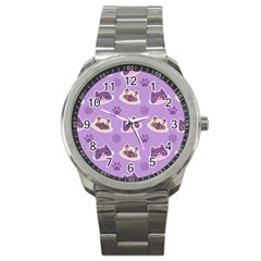 Cute Colorful Cat Kitten With Paw Yarn Ball Seamless Pattern Sport Metal Watch by Salman4z