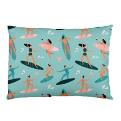 Beach-surfing-surfers-with-surfboards-surfer-rides-wave-summer-outdoors-surfboards-seamless-pattern- Pillow Case by Salman4z