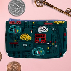 Seamless-pattern-hand-drawn-with-vehicles-buildings-road Large Coin Purse by Salman4z