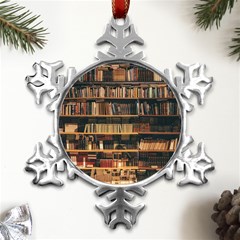 Books On Bookshelf Assorted Color Book Lot In Bookcase Library Metal Small Snowflake Ornament by 99art