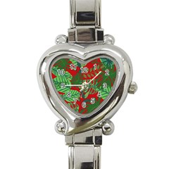 Leaves Leaf Nature Pattern Red Green Heart Italian Charm Watch by Cowasu