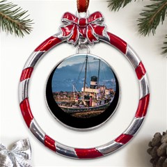 End Of The World: Nautical Memories At Ushuaia Port, Argentina Metal Red Ribbon Round Ornament by dflcprintsclothing