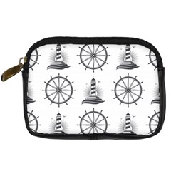 Marine-nautical-seamless-pattern-with-vintage-lighthouse-wheel Digital Camera Leather Case by Wav3s