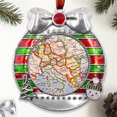 Map Europe Globe Countries States Metal X mas Ribbon With Red Crystal Round Ornament by Ndabl3x