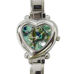 Peacock Feathers Feather Blue Green Heart Italian Charm Watch by Cowasu