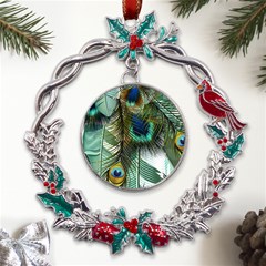 Peacock Feathers Feather Blue Green Metal X mas Wreath Holly Leaf Ornament by Cowasu