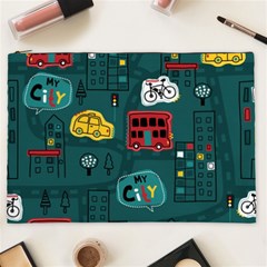 Seamless-pattern-hand-drawn-with-vehicles-buildings-road Cosmetic Bag (xxl) by uniart180623