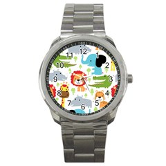 Seamless Pattern Vector With Animals Cartoon Sport Metal Watch by Simbadda