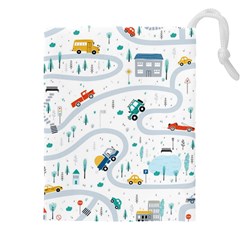 Cute Children Seamless Pattern With Cars Road Park Houses White Background Illustration Town Cartooo Drawstring Pouch (5xl) by Simbadda