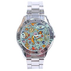 Cartoon Underwater Seamless Pattern With Crab Fish Seahorse Coral Marine Elements Stainless Steel Analogue Watch by Bedest
