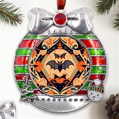 Bat Pattern Metal X mas Ribbon With Red Crystal Round Ornament by Valentinaart