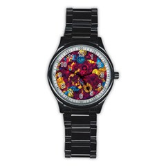 Psychedelic Digital Art Colorful Flower Abstract Multi Colored Stainless Steel Round Watch by Bedest