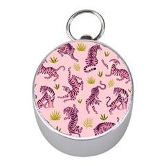 Pink Tigers And Tropical Leaves Patern Mini Silver Compasses by Sarkoni