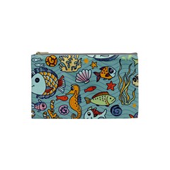 Cartoon Underwater Seamless Pattern With Crab Fish Seahorse Coral Marine Elements Cosmetic Bag (small) by uniart180623