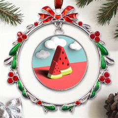 Watermelon Fruit Metal X mas Wreath Ribbon Ornament by Modalart
