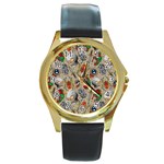 Tattoo Pattern Round Gold Metal Watch Front