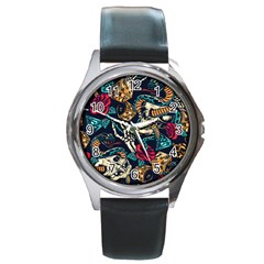 Vintage Art Tattoos Colorful Seamless Pattern Round Metal Watch by Bedest