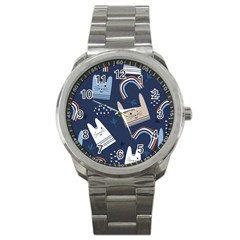 Colorful Cute Cats Seamless Pattern Sport Metal Watch by Bedest