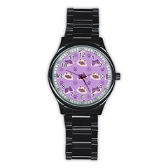 Cute Colorful Cat Kitten With Paw Yarn Ball Seamless Pattern Stainless Steel Round Watch by Bedest