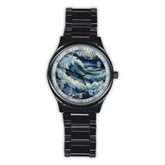 Waves Storm Sea Moon Landscape Stainless Steel Round Watch by Bedest