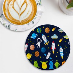 Big Set Cute Astronauts Space Planets Stars Aliens Rockets Ufo Constellations Satellite Moon Rover V Uv Print Round Tile Coaster by Hannah976