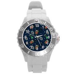 Monster Alien Pattern Seamless Background Round Plastic Sport Watch (l) by Hannah976