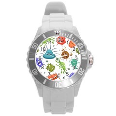 Dangerous Streptococcus Lactobacillus Staphylococcus Others Microbes Cartoon Style Vector Seamless P Round Plastic Sport Watch (l) by Ravend