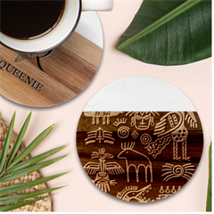 Golden Indian Traditional Signs Symbols Marble Wood Coaster (round) by Apen