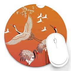 Japanese Crane Painting Of Birds Round Mousepad by Cendanart