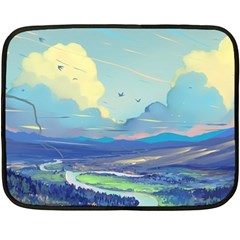 Mountains And Trees Illustration Painting Clouds Sky Landscape Two Sides Fleece Blanket (mini) by Cendanart