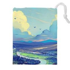 Mountains And Trees Illustration Painting Clouds Sky Landscape Drawstring Pouch (4xl) by Cendanart