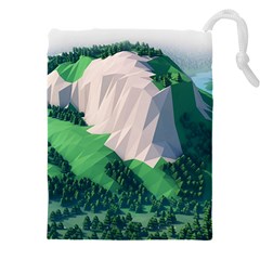 Green And White Polygonal Mountain Drawstring Pouch (4xl) by Cendanart