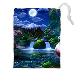 Flamingo Paradise Scenic Bird Fantasy Moon Paradise Waterfall Magical Nature Drawstring Pouch (5xl) by Ndabl3x