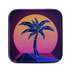 Abstract 3d Art Holiday Island Palm Tree Pink Purple Summer Sunset Water Square Metal Box (black) by Cemarart