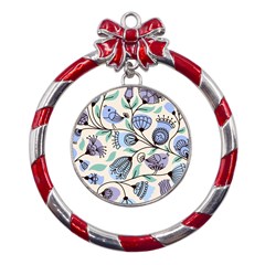 Bird Floral Blue Flower Retro Seamless Pattern Metal Red Ribbon Round Ornament by Cemarart