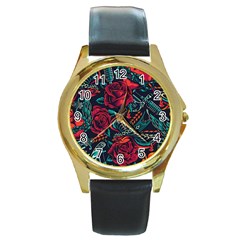 Vintage Flash Tattoos Designs Seamless Pattern Round Gold Metal Watch by Bedest
